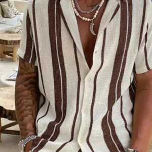 2025 Men's Casual Relaxed Summer Beach Striped Colorblock Shirt, Short Sleeve