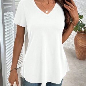 EMERY ROSE Women's Casual Solid Color V-Neck Loose T-Shirt