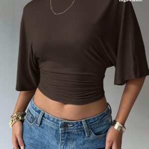 Aloruh Casual Solid Color Batwing Sleeve Cropped T-Shirt, Summer,Brown Top Formal Occasion, Special Re-Wearable Butterfly Comfortable Soft Breathable