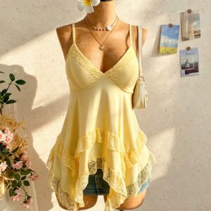 Soleia Women's Solid Color Contrast Lace Asymmetric Hem Camisole Yellow Tops For Women Elegant