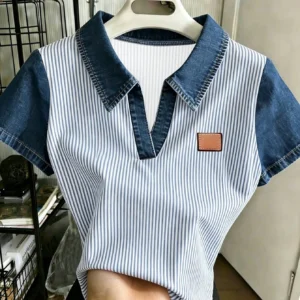 Resyla Women Blue And White Stripe Polo Collar Short-Sleeve Tops,Faux Denim Fashion T-Shirts,Summer Casual Back-To-School Striped Color-Blocked School Item